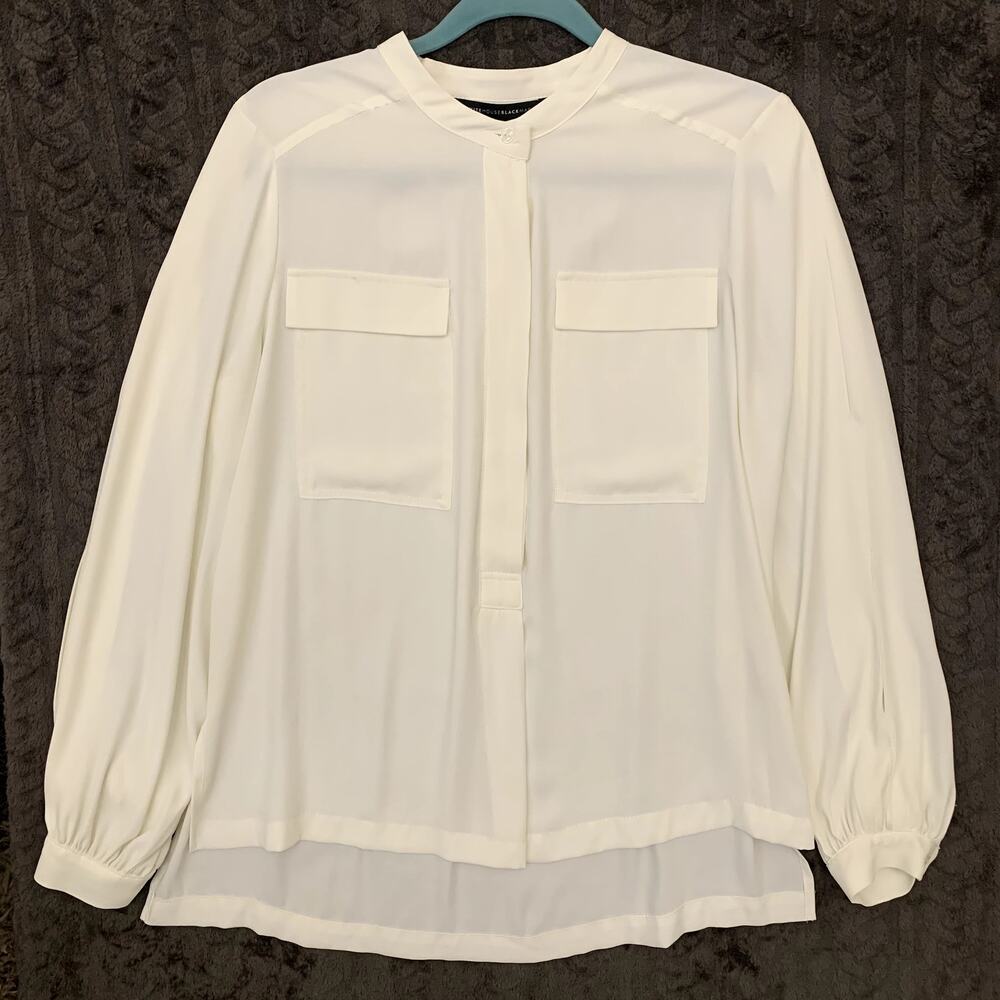 Long Sleeve Blouse WHBM 1/2 Button Front Cream Hi Low Hem Women's Size S